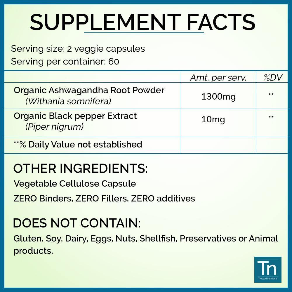 Organic Ashwagandha w Black Pepper Extract - Trusted Nutrients